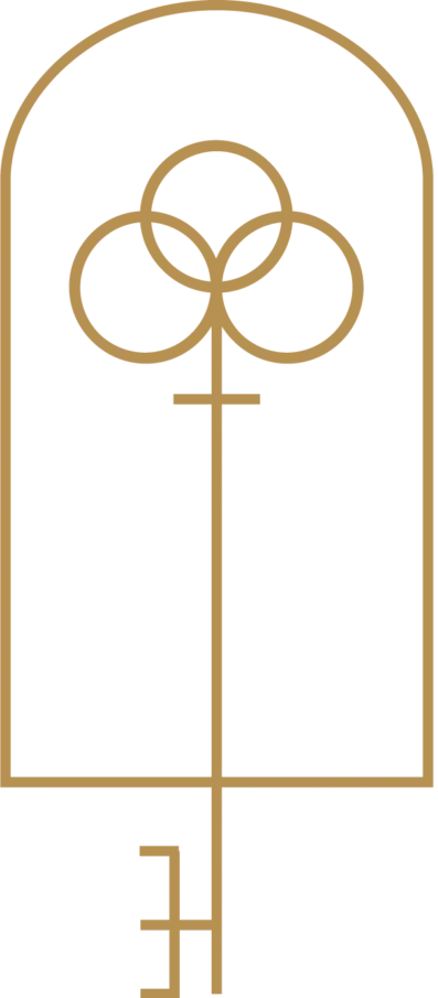 Logo avec, à gauche, une clé et un arc aux contours dorés et, à droite, le texte LA SUITE DES ARCADES en lettres capitales grasses et élégantes. Le fond est transparent.
