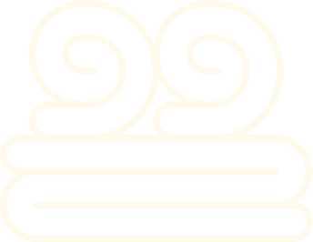 Graphique stylisé de serviettes roulées créé à l'aide de lignes épaisses de couleur crème, avec des formes en spirale en haut et trois lignes horizontales en bas, le tout sur un fond transparent.